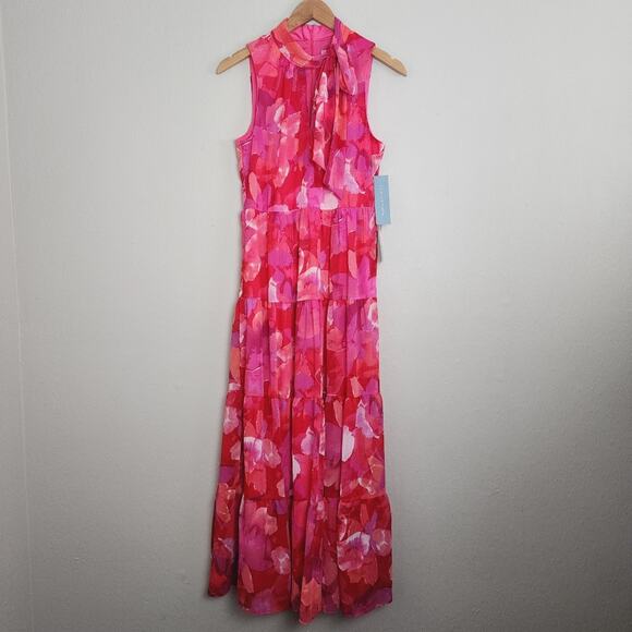 NEW London Times Fuchsia Pink Orange Floral Tiered Sleeveless Maxi Dress - Picture 2 of 9